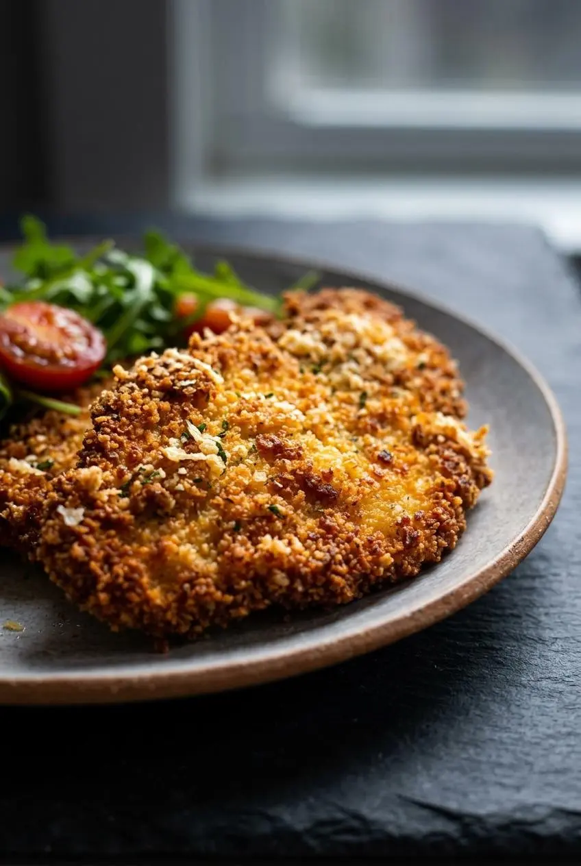 A macro close-up shot of the crispy, craggy texture of a golden-brown breaded chicken cutlet, showing flecks of parsley.