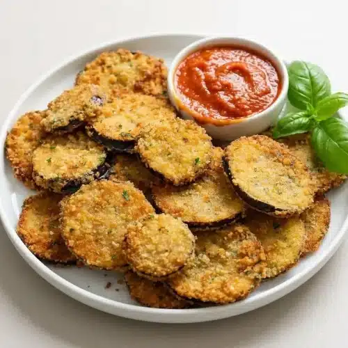 A platter of crispy Fried Eggplant slices, showing their perfectly golden-brown Panko and Parmesan crust.