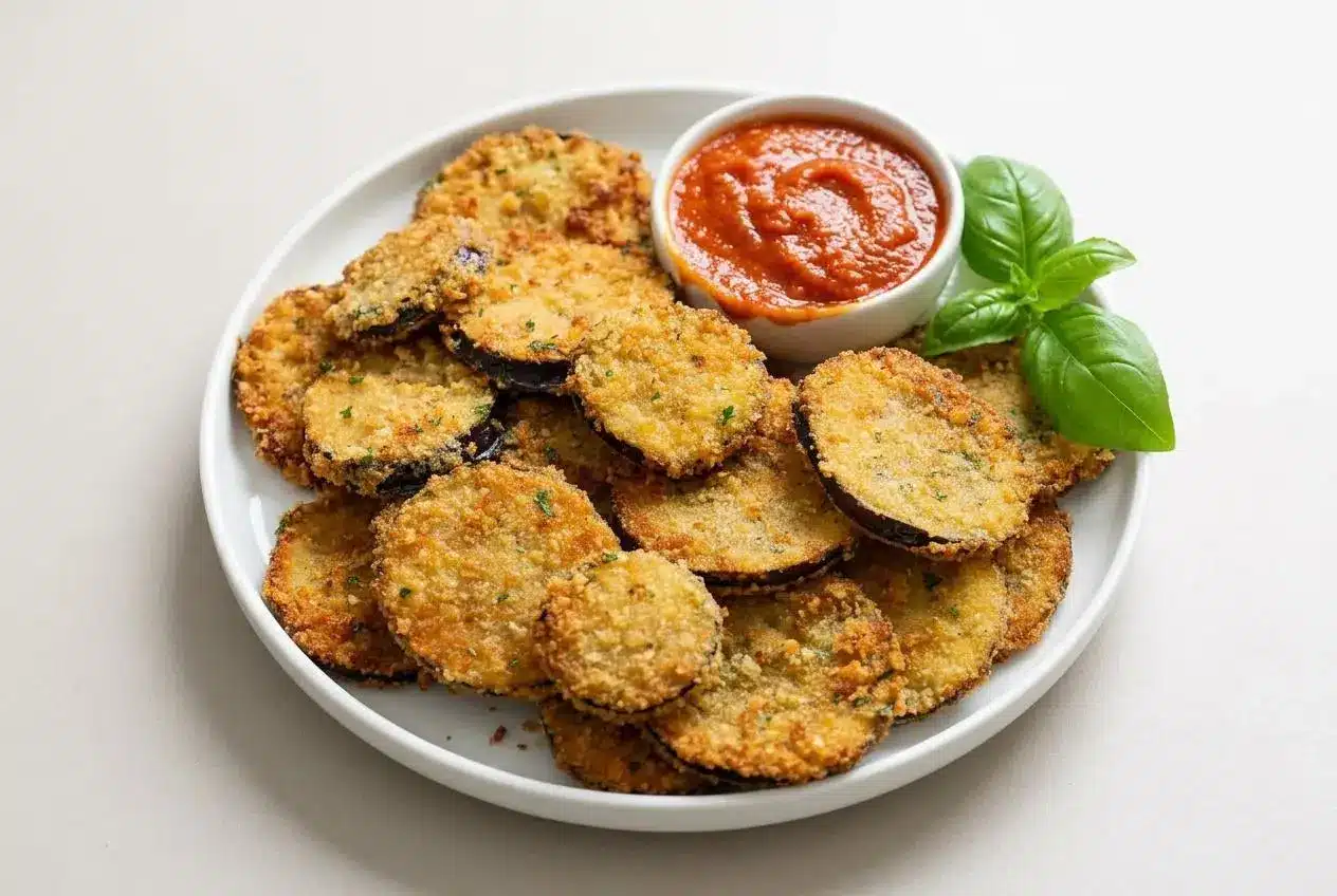A platter of crispy Fried Eggplant slices, showing their perfectly golden-brown Panko and Parmesan crust.