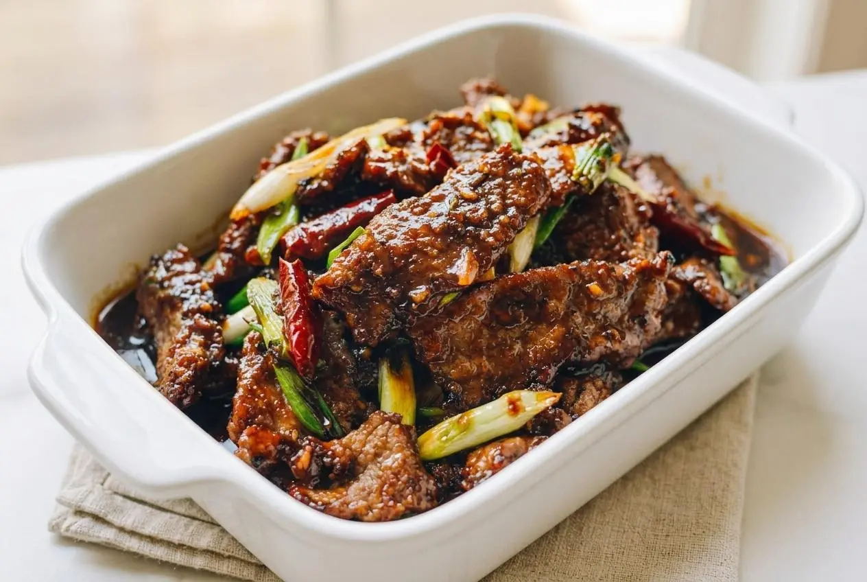A rustic ceramic bowl filled with the finished Mongolian beef recipe, coated in a sticky, glossy sauce and garnished with green onions.