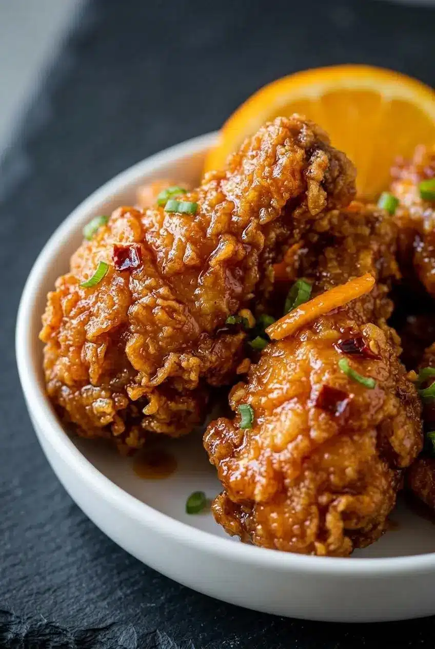 Extreme close-up of crispy orange chicken pieces, showing the craggy texture of the crust glistening with sauce and a tiny strip of orange