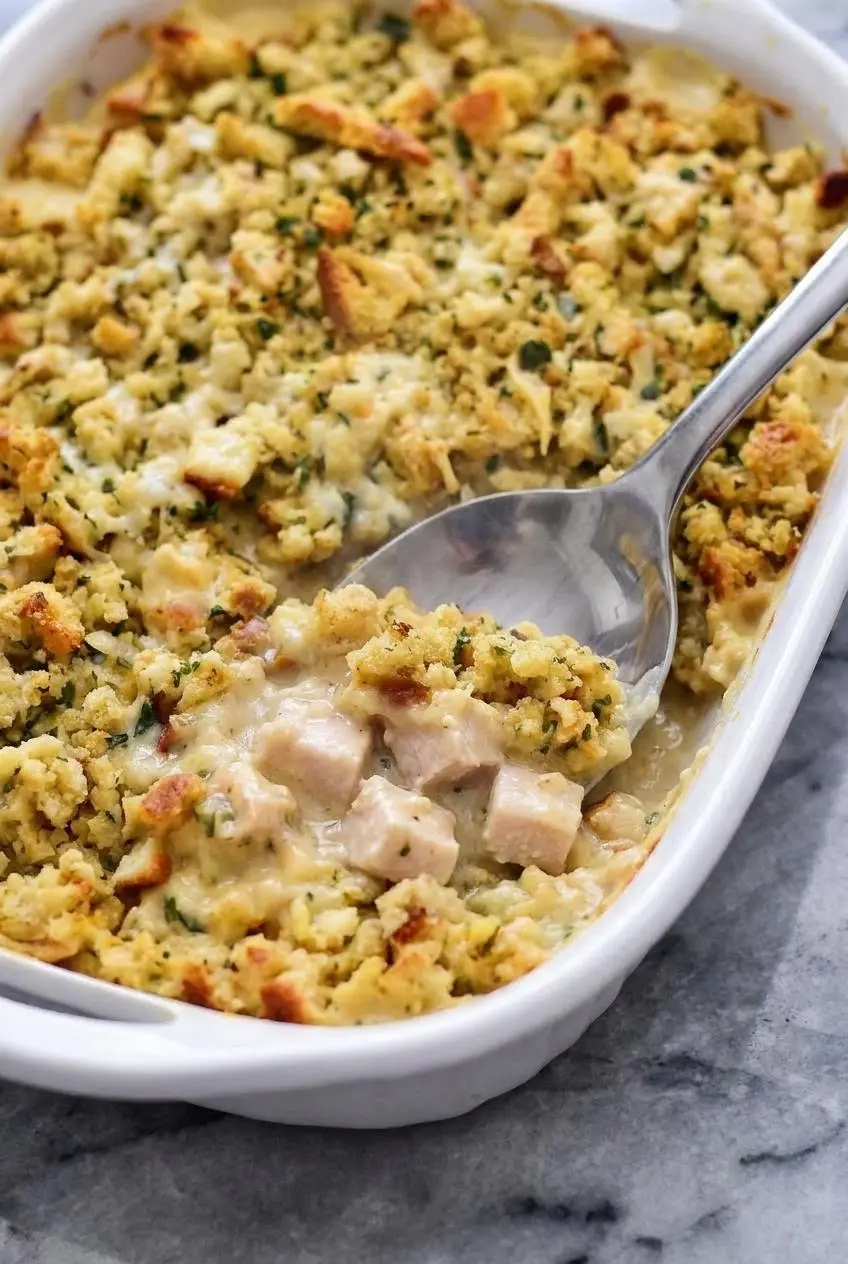 A close-up view of the golden, buttery, and crisp topping on the Chicken and Stuffing Bake, fresh from the 9x13 baking dish.