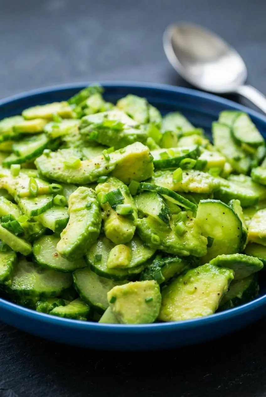 Extreme close-up of a cucumber avocado salad showing the crisp texture of the cucumber and the firm, creamy avocado slices, with no watery