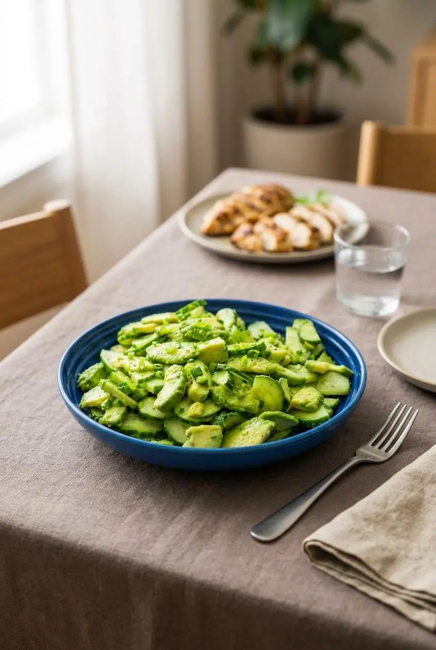 A bowl of cucumber avocado salad served on a dining table as part of a meal, with a plate of grilled chicken and a place setting in the