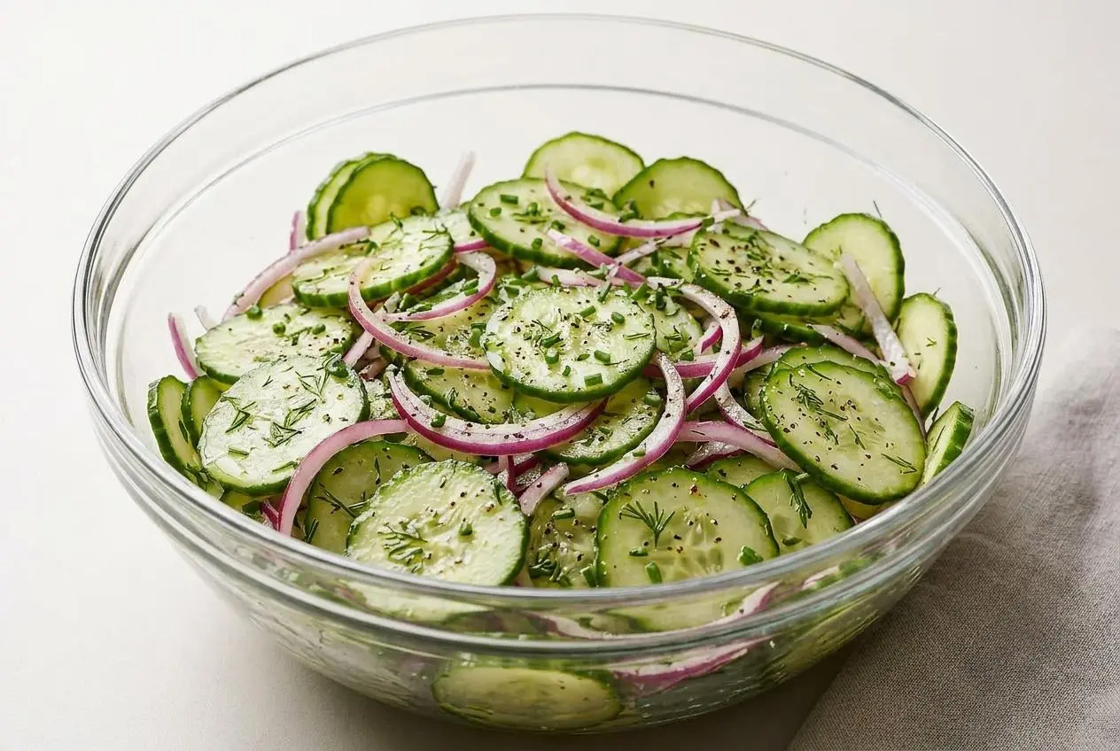 A white serving bowl filled with Cucumber Dill Salad, showing thin, crisp cucumber and red onion slices coated in a light vinaigrette.
