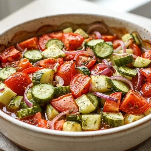 A large glass bowl of cucumber tomato salad with sliced cucumbers, diced tomatoes, and thin red onion in a glossy vinaigrette.
