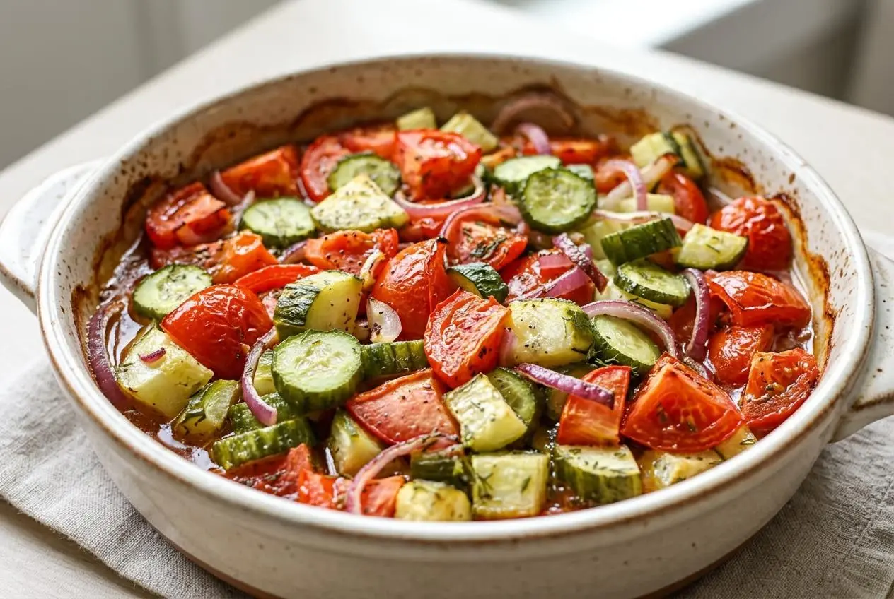 A large glass bowl of cucumber tomato salad with sliced cucumbers, diced tomatoes, and thin red onion in a glossy vinaigrette.