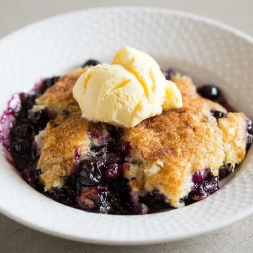 A whole blueberry cobbler baked in a white rectangular dish, showing a golden brown cake-like topping with jammy purple blueberry filling