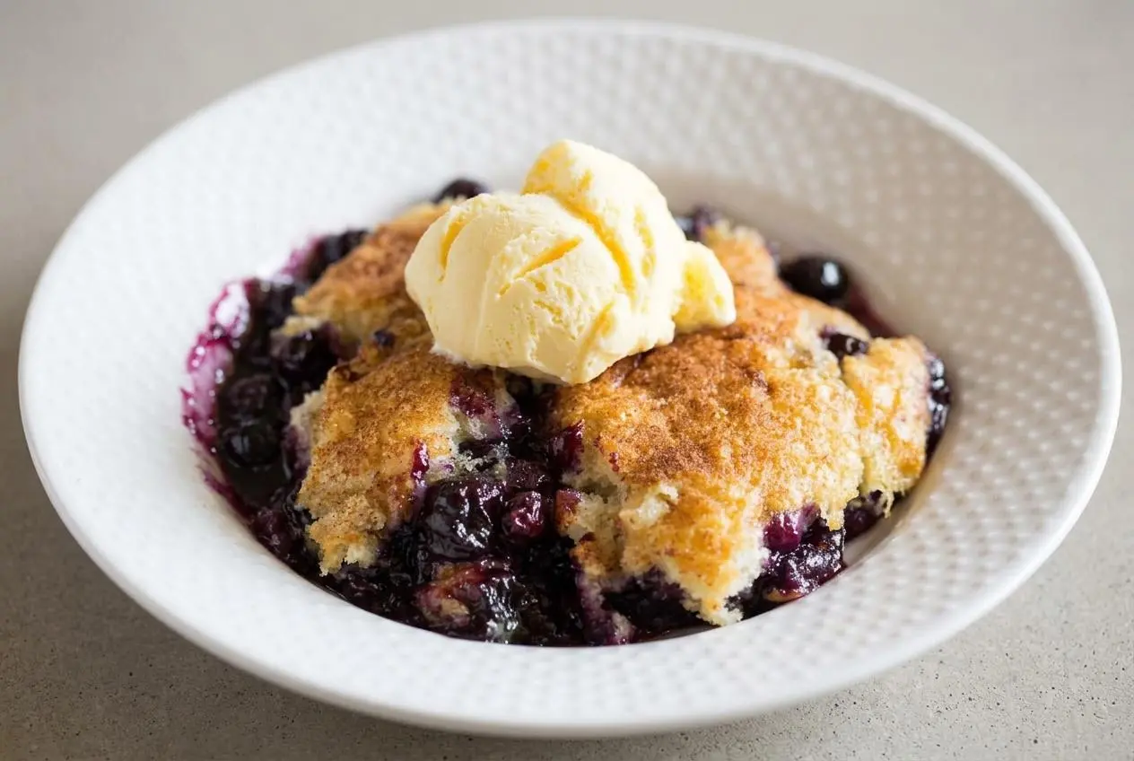 A whole blueberry cobbler baked in a white rectangular dish, showing a golden brown cake-like topping with jammy purple blueberry filling