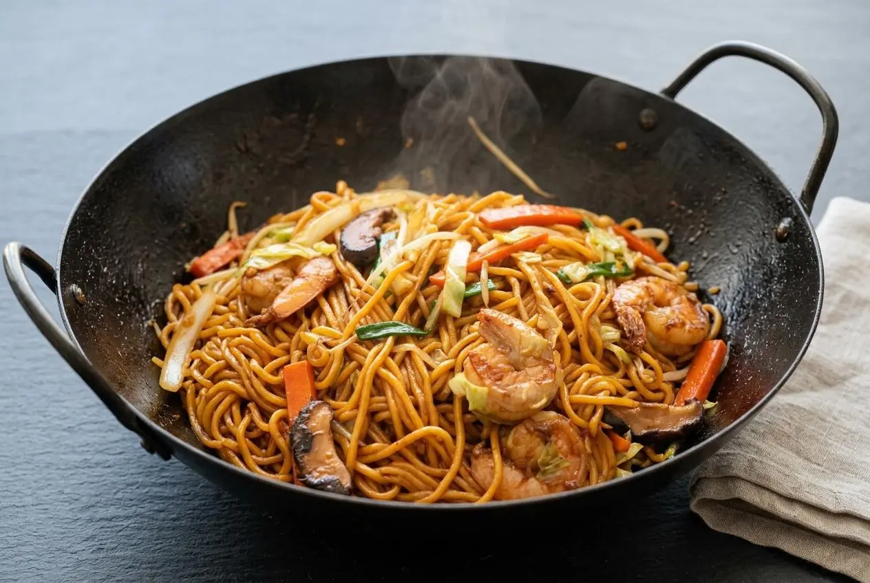 A serving of shrimp lo mein with a glossy sauce, tender shrimp, and chewy noodles in a dark bowl.