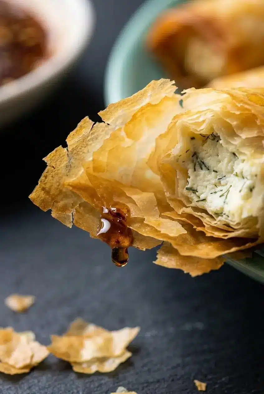 A close-up of a broken feta roll showing the creamy dill and feta filling inside and the shatter-crisp, layered phyllo pastry.