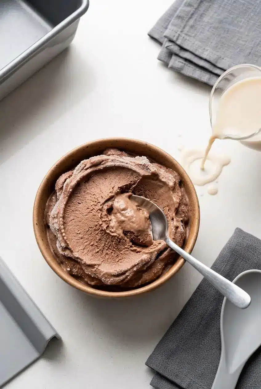 Overhead view of firm protein ice cream in a container, with a splash of milk being added to help soften it for re-blending.