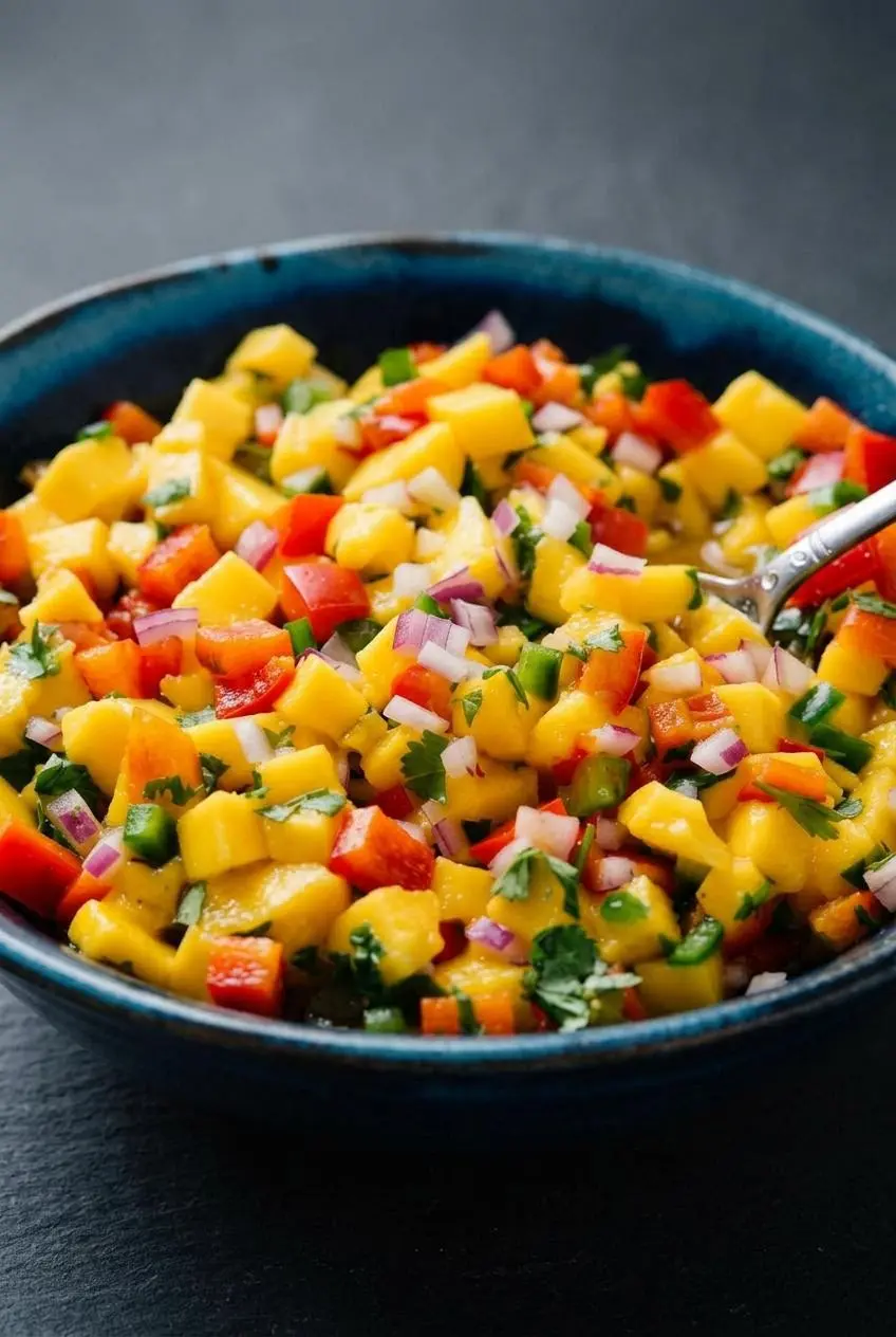 A tight close-up of mango salsa in a bowl, showing the glossy natural juices pooling between the chunky pieces of fruit and vegetables.