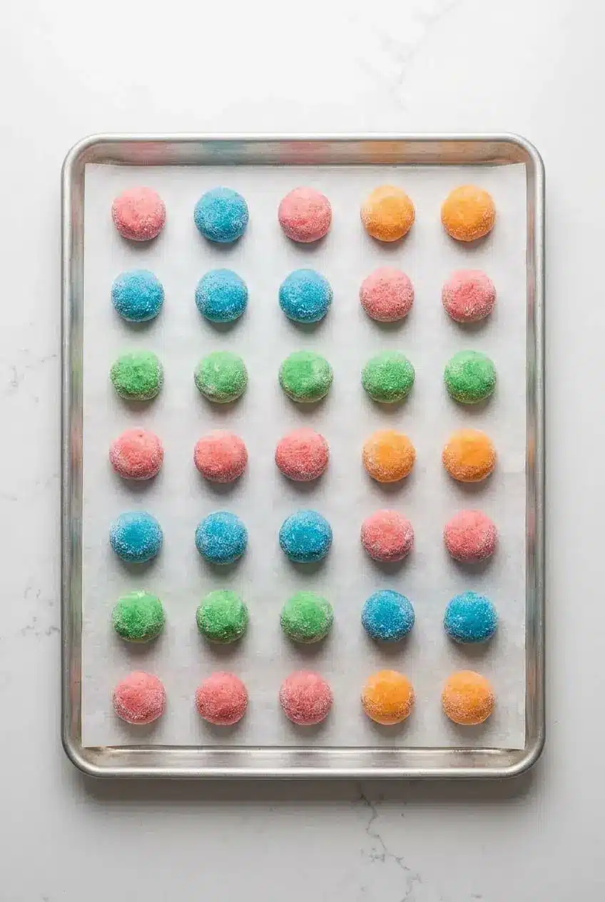Rows of frozen, unbaked Jello cookie dough balls in various colors on a parchment-lined baking sheet, ready for freezer storage.