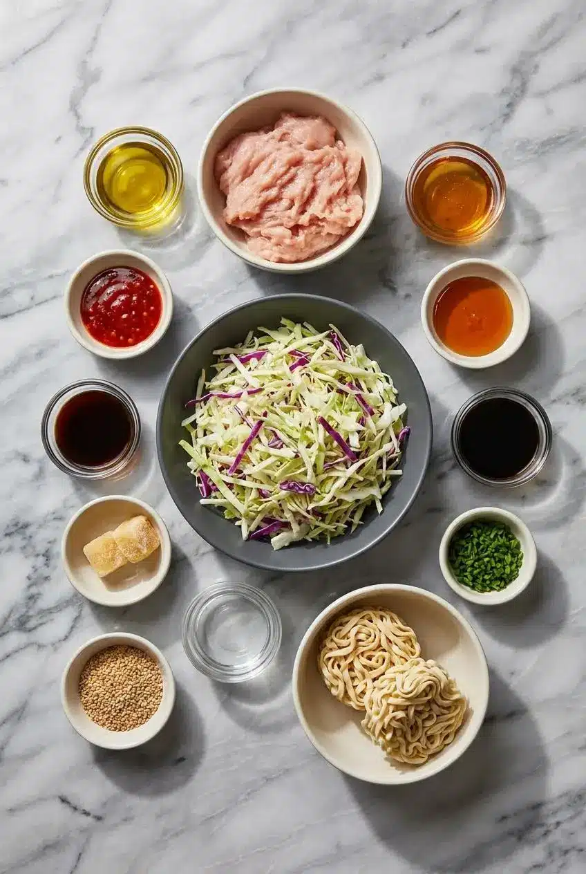 Ingredients for Sticky Garlic Chicken Noodles, including ground chicken, egg noodles, soy sauce, and whole garlic cloves, laid out on a surface.
