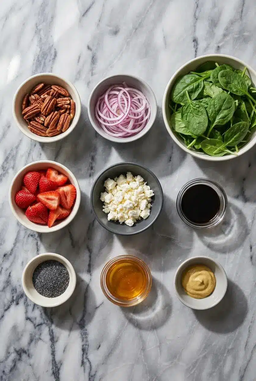 Ingredients for a Strawberry Poppyseed Salad laid out, including fresh spinach, strawberries, red onion, pecans, and feta cheese.