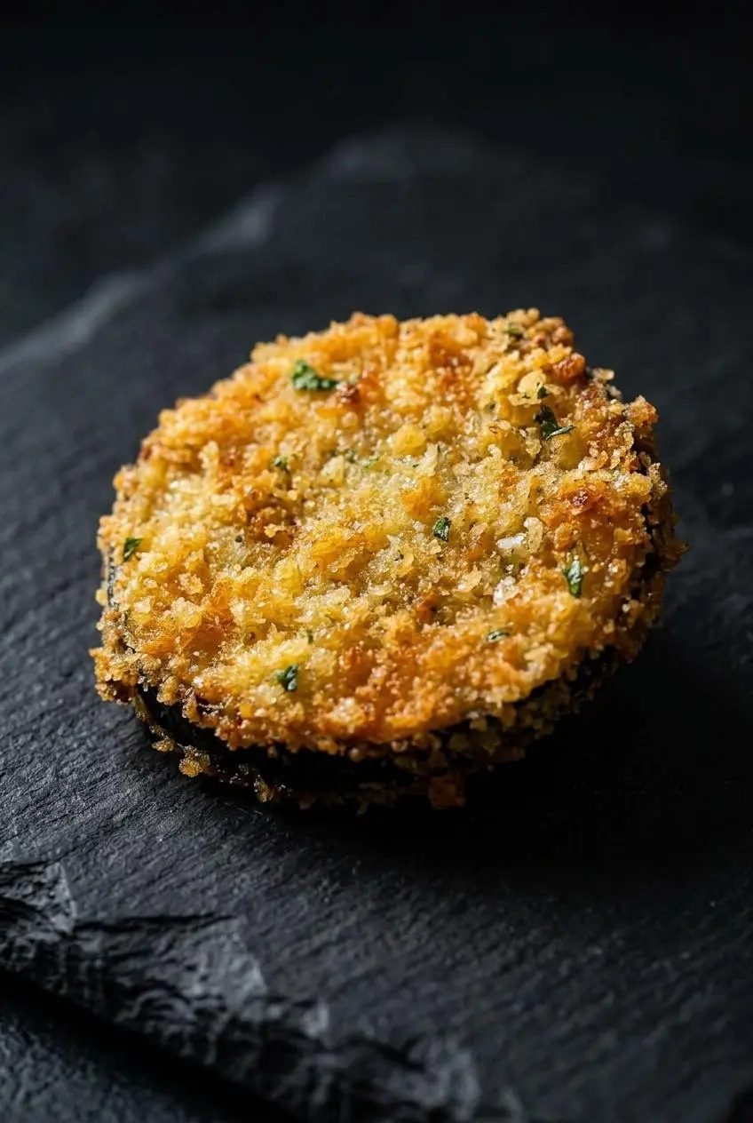 A close-up macro shot of a single piece of fried eggplant, highlighting the craggy, golden-brown and extra-crispy Panko crust.