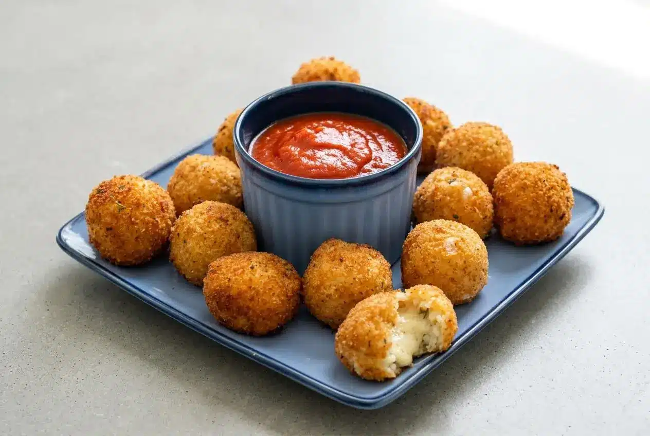 A white bowl of crispy Fried Rice Balls, with one broken open to show the gooey melted mozzarella cheese center, served with a side of