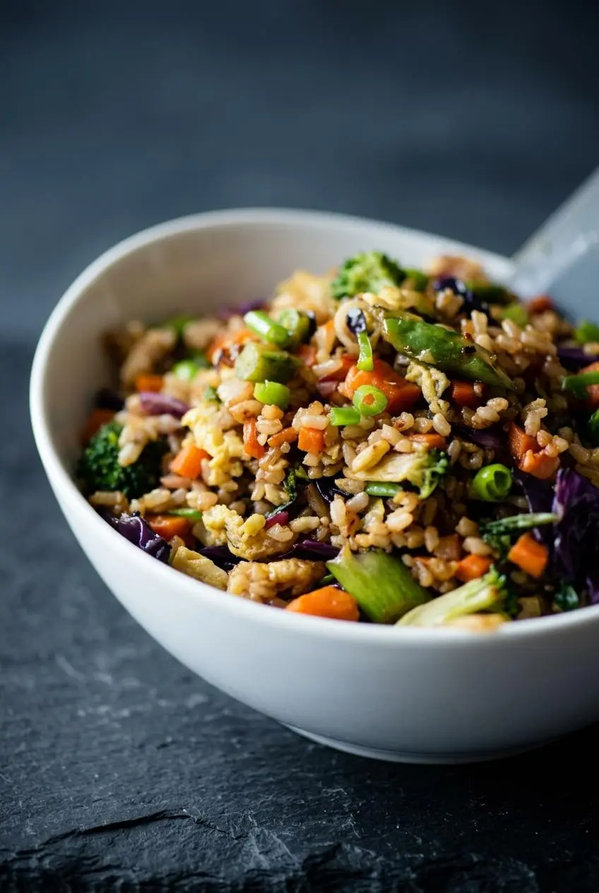 A macro close-up of vegetable fried rice, focusing on the texture of individual, separated brown rice grains and finely chopped vegetables.