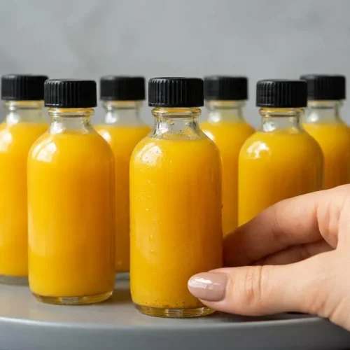 A small glass of potent, cloudy homemade ginger shot recipe, glowing golden-orange on a neutral background.