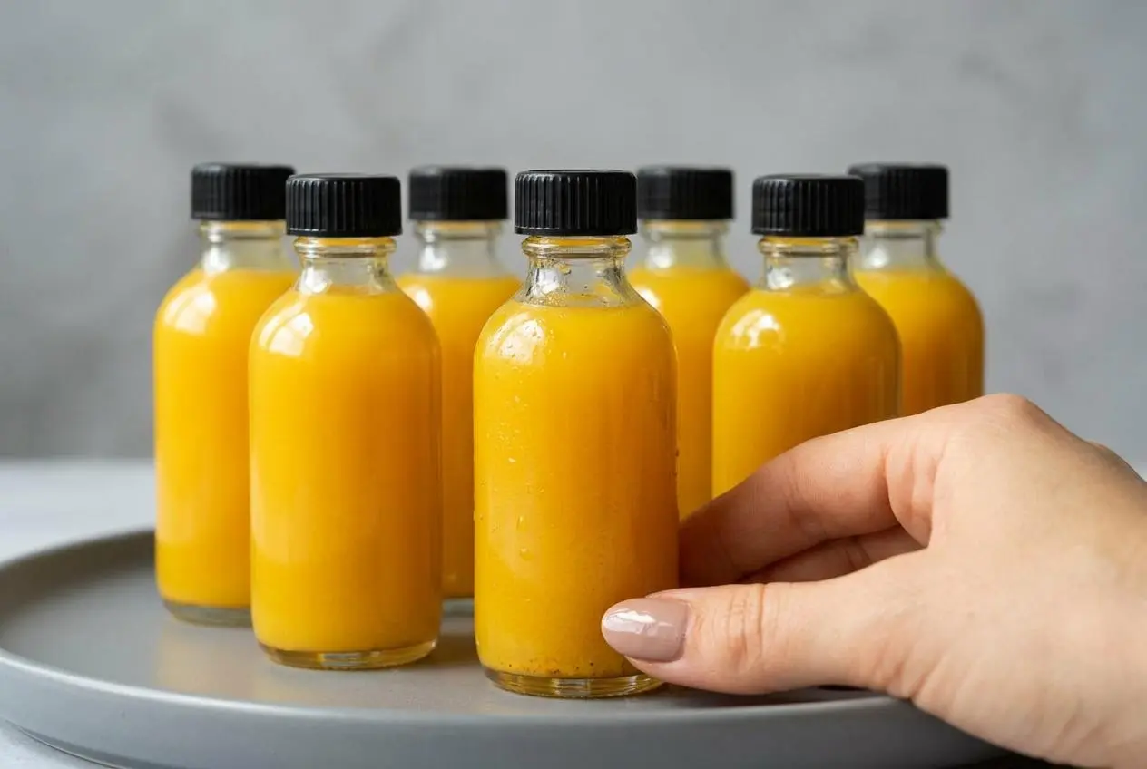 A small glass of potent, cloudy homemade ginger shot recipe, glowing golden-orange on a neutral background.