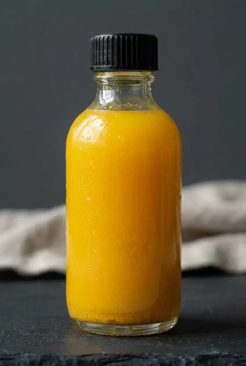 Extreme close-up of a ginger shot in a small glass, showing the cloudy texture and natural sediment of the fresh-pressed liquid.