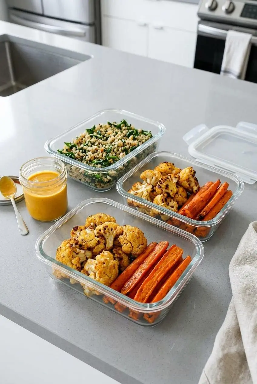 Meal prep containers with roasted vegetables, quinoa with kale, and golden tahini dressing stored separately on a kitchen counter.