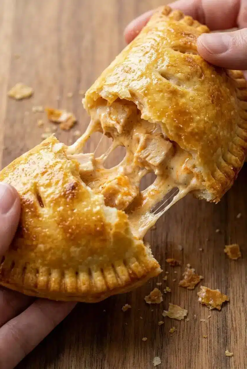 A close-up of a Buffalo Chicken Pizza Pocket cut in half, revealing a creamy, cheesy interior with shredded chicken.