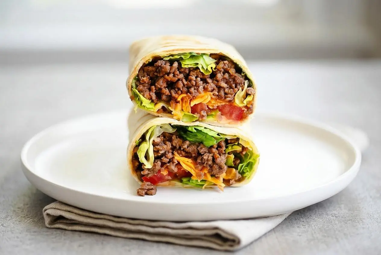 Two grilled cheeseburger wraps cut in half and stacked, revealing the savory ground beef and melted cheddar cheese filling inside a crispy