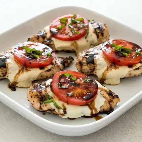 Grilled Chicken Caprese on a white rectangular platter, topped with melted mozzarella, sliced tomatoes, fresh basil, and a glossy balsamic