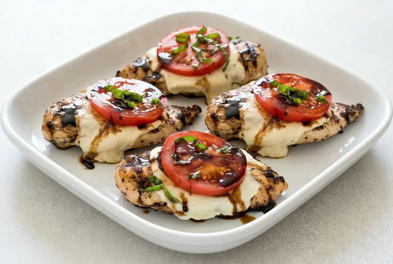 Grilled Chicken Caprese on a white rectangular platter, topped with melted mozzarella, sliced tomatoes, fresh basil, and a glossy balsamic