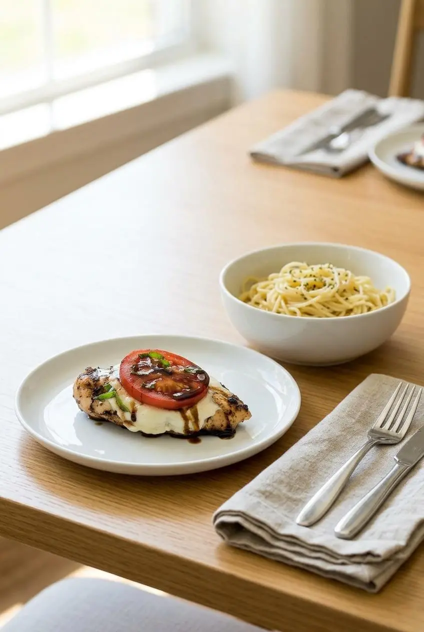 A serving of grilled chicken caprese on a white plate next to a bowl of pasta, set on a light-colored wooden table for dinner.
