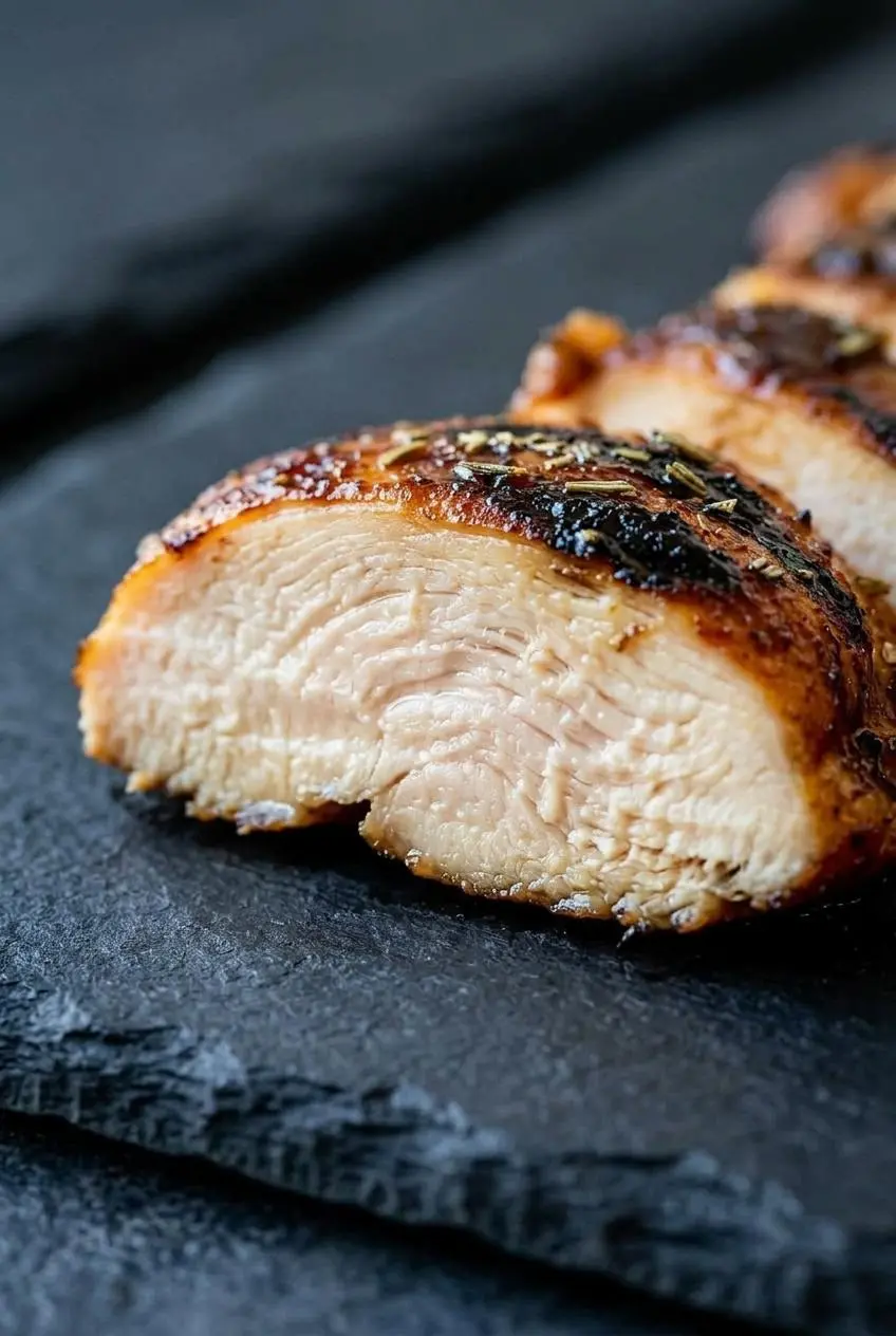 Extreme close-up of a slice of grilled chicken, highlighting the juicy, glistening meat fibers and dark char marks.