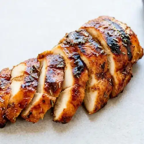 Sliced grilled chicken with a glossy, savory-sweet grilled chicken marinade, showing a juicy interior and char marks.