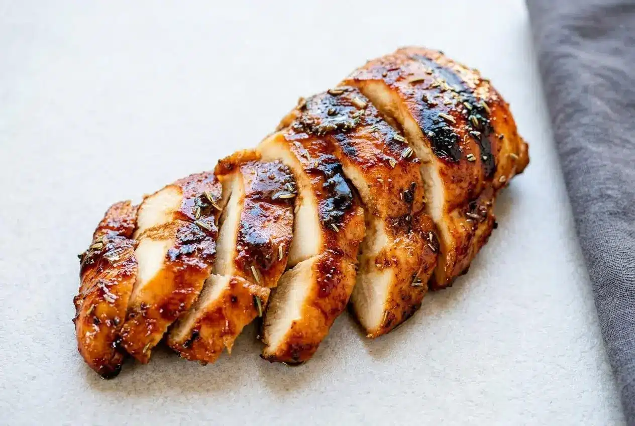 Sliced grilled chicken with a glossy, savory-sweet grilled chicken marinade, showing a juicy interior and char marks.