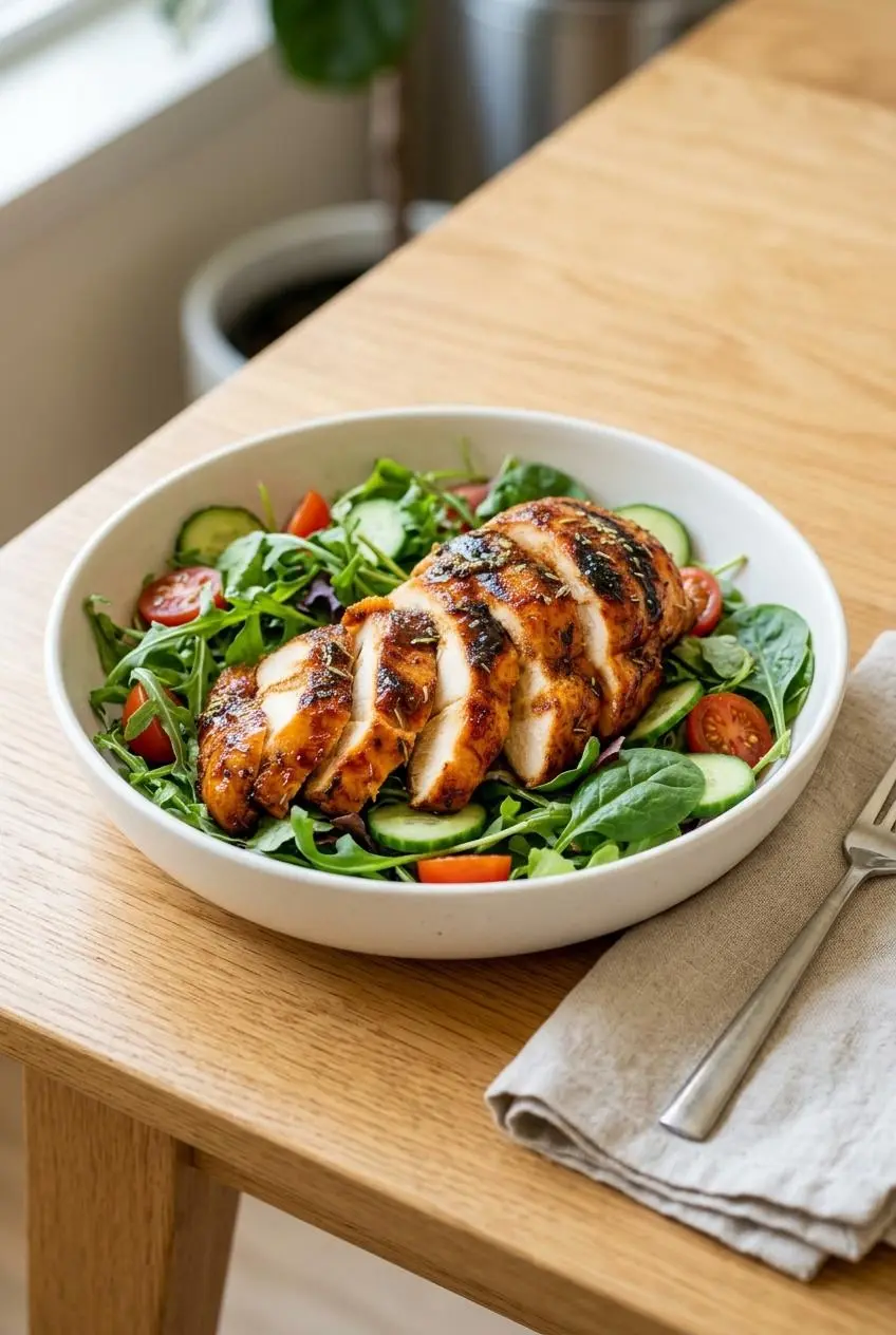 Sliced grilled chicken breast served on a fresh salad of mixed greens, cucumber, and cherry tomatoes in a white bowl.