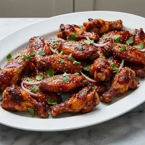 A platter of sticky Guava Glazed Chicken Wings, glistening with a rich, dark rum and browned butter glaze, ready to be served.