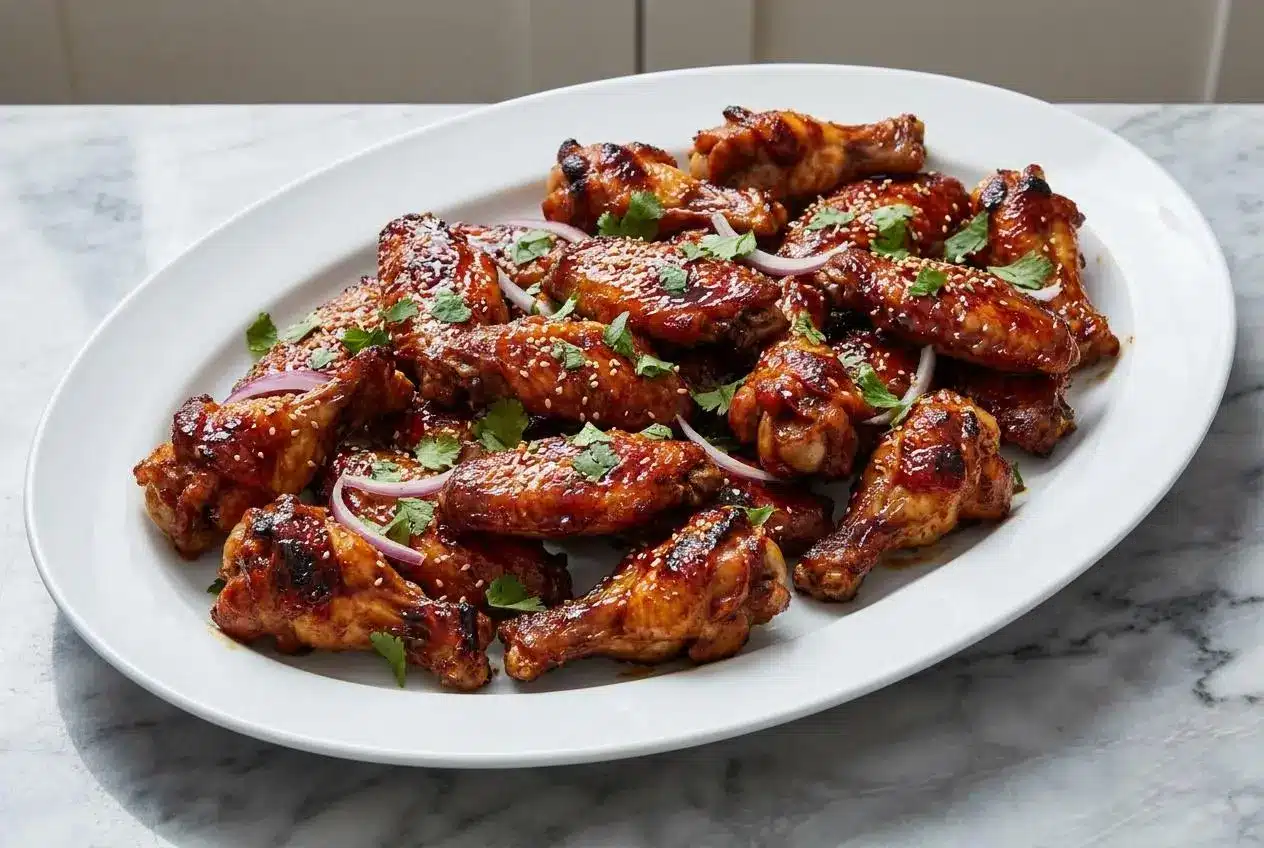 A platter of sticky Guava Glazed Chicken Wings, glistening with a rich, dark rum and browned butter glaze, ready to be served.