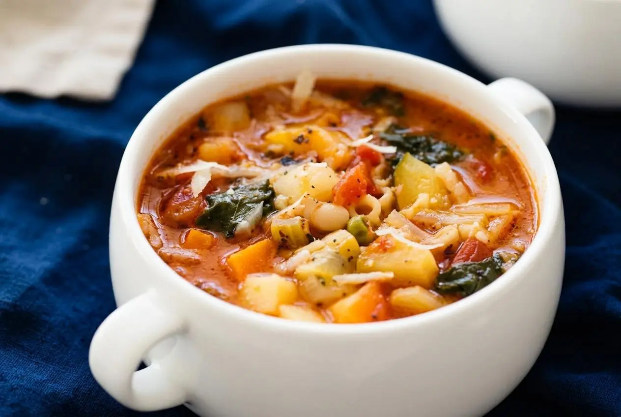 A rustic bowl of hearty Minestrone Soup filled with vegetables, beans, and pasta in a rich tomato broth, garnished with grated Parmesan