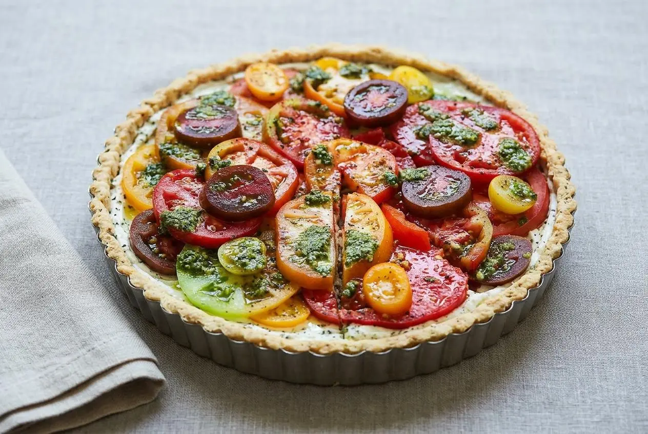 A rustic heirloom tomato tart recipe with a golden, flaky crust and a creamy goat cheese filling, with one slice removed.
