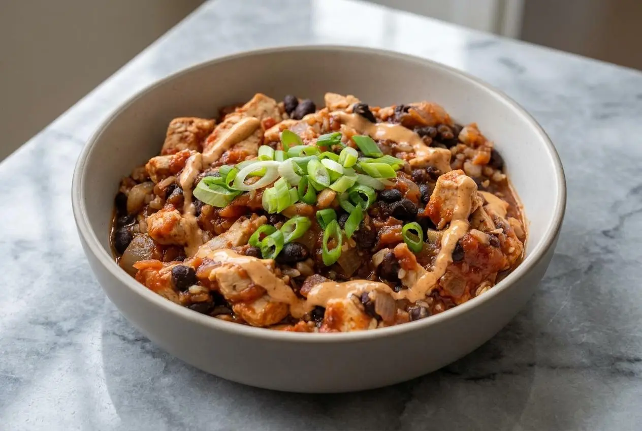 A vibrant high protein chicken burrito bowl with cilantro lime rice, corn salsa, black beans, and a generous drizzle of smoky chipotle crema.