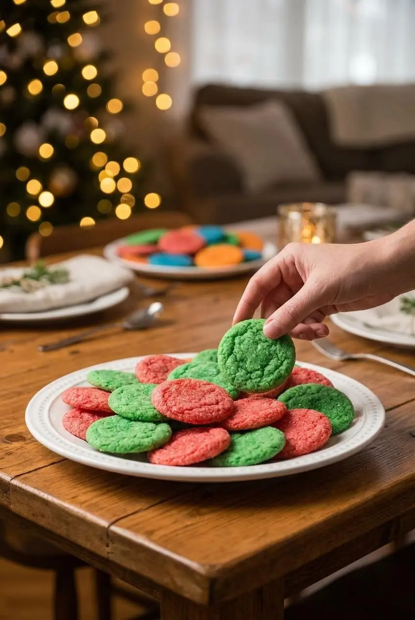 A white platter of red and green Jello sugar cookies on a wooden table, with a hand reaching for one for a Christmas holiday theme.