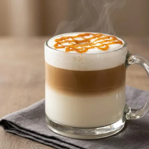 A homemade Caramel Macchiato Recipe in a tall clear glass, showing distinct layers of milk and espresso with a rich caramel sauce drizzle on