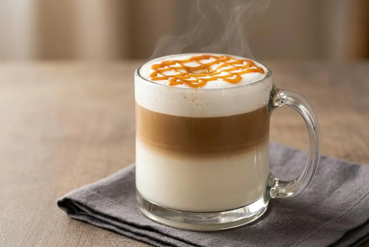 A homemade Caramel Macchiato Recipe in a tall clear glass, showing distinct layers of milk and espresso with a rich caramel sauce drizzle on