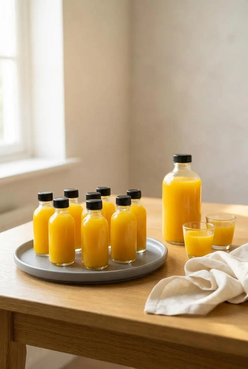 A large bottle and two small glasses of homemade ginger shots arranged on a wooden table, ready for a week of wellness.