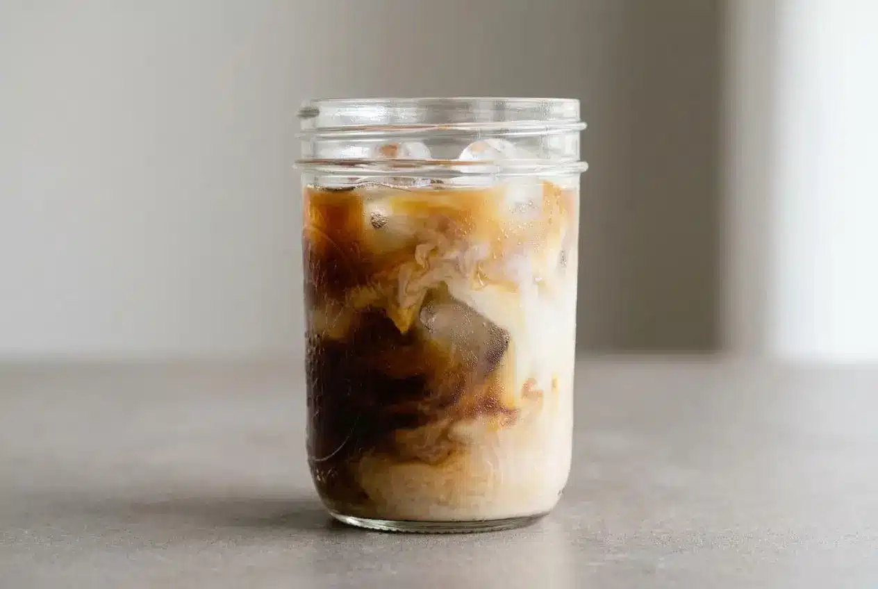 A tall glass filled with a creamy, layered iced latte recipe, topped with milk foam and served on a dark surface.