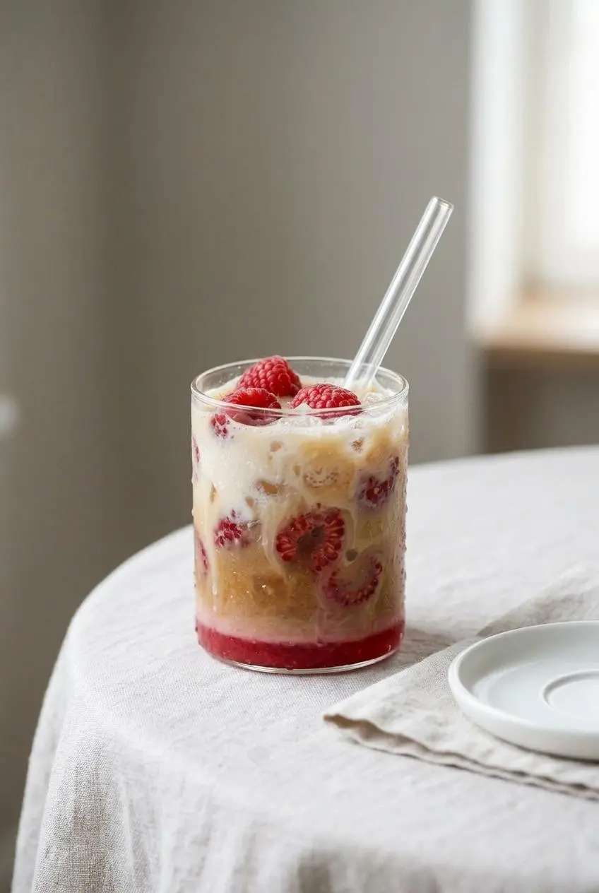 A finished iced raspberry latte in a clear glass, served on a light linen-covered table for a refreshing afternoon coffee break.