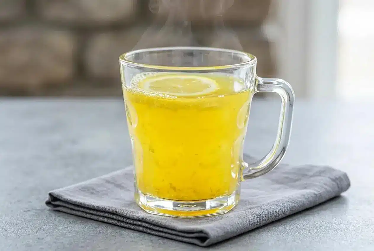 A steaming glass mug of homemade Lemon Ginger Tea, garnished with a fresh lemon slice, showing its warm golden color.