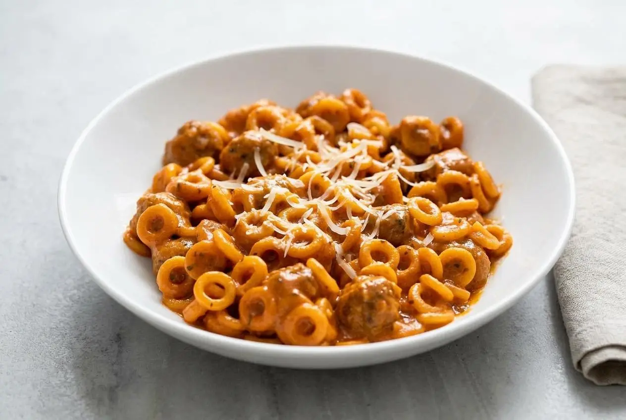 A blue ceramic bowl filled with Homemade Spaghettios, featuring anellini pasta rings and mini meatballs in a creamy, rich tomato sauce.