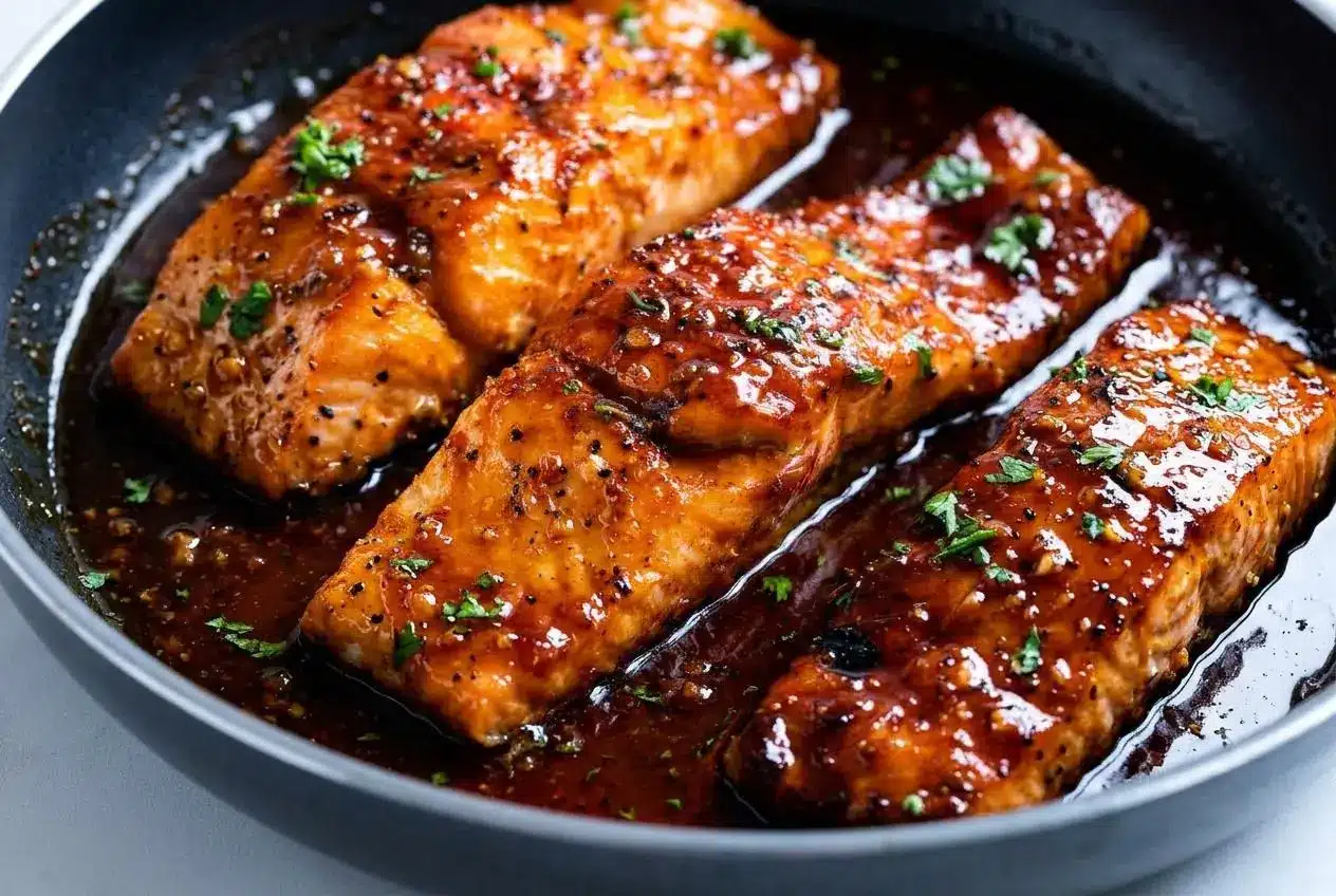 Four fillets of Honey Garlic Glazed Salmon in a black skillet, topped with a glossy, sticky glaze and fresh parsley.